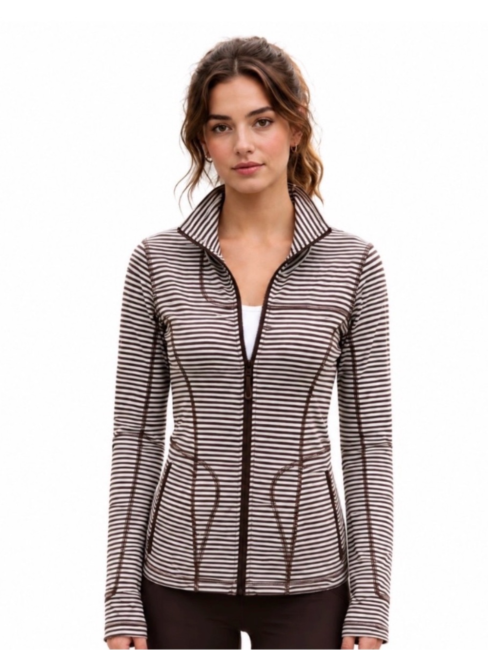 lolë Women’s Striped Zip-Up Jacket - Brown & White (L)